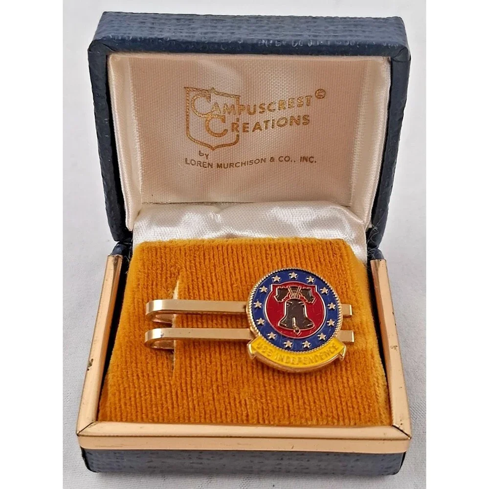 Vintage Gold Tone USS Independence Enamel Tie Clip in Box-1/20 10K Gold-Filled